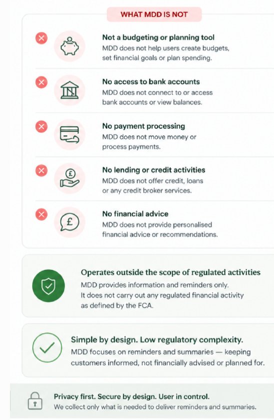 What MDD is not — no bank access, no payment processing, no lending, no financial advice